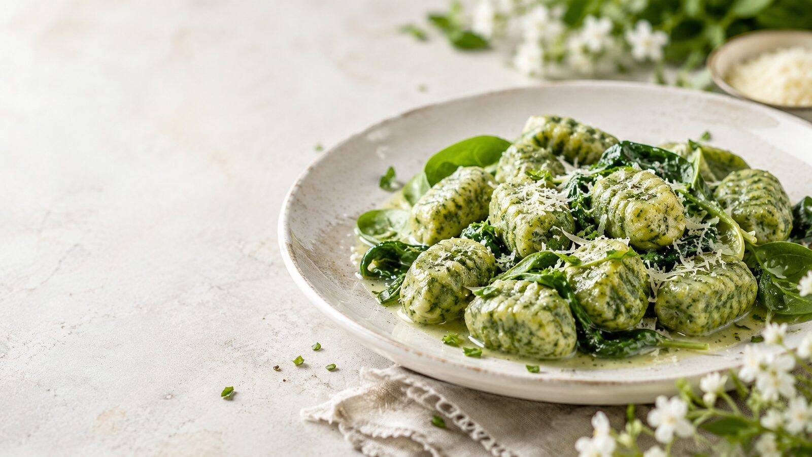 Spinat-Ricotta-Gnocchi als frisches Frühlingsgericht mit saisonalem Gemüse und Kräutern