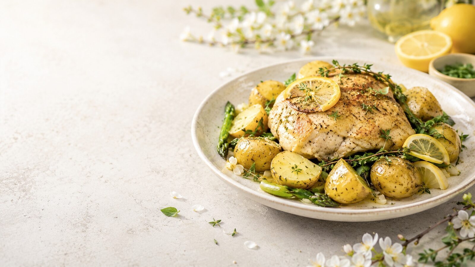 Zitronen-Hähnchen mit jungen Kartoffeln als frisches Frühlingsgericht mit saisonalem Gemüse und Kräutern