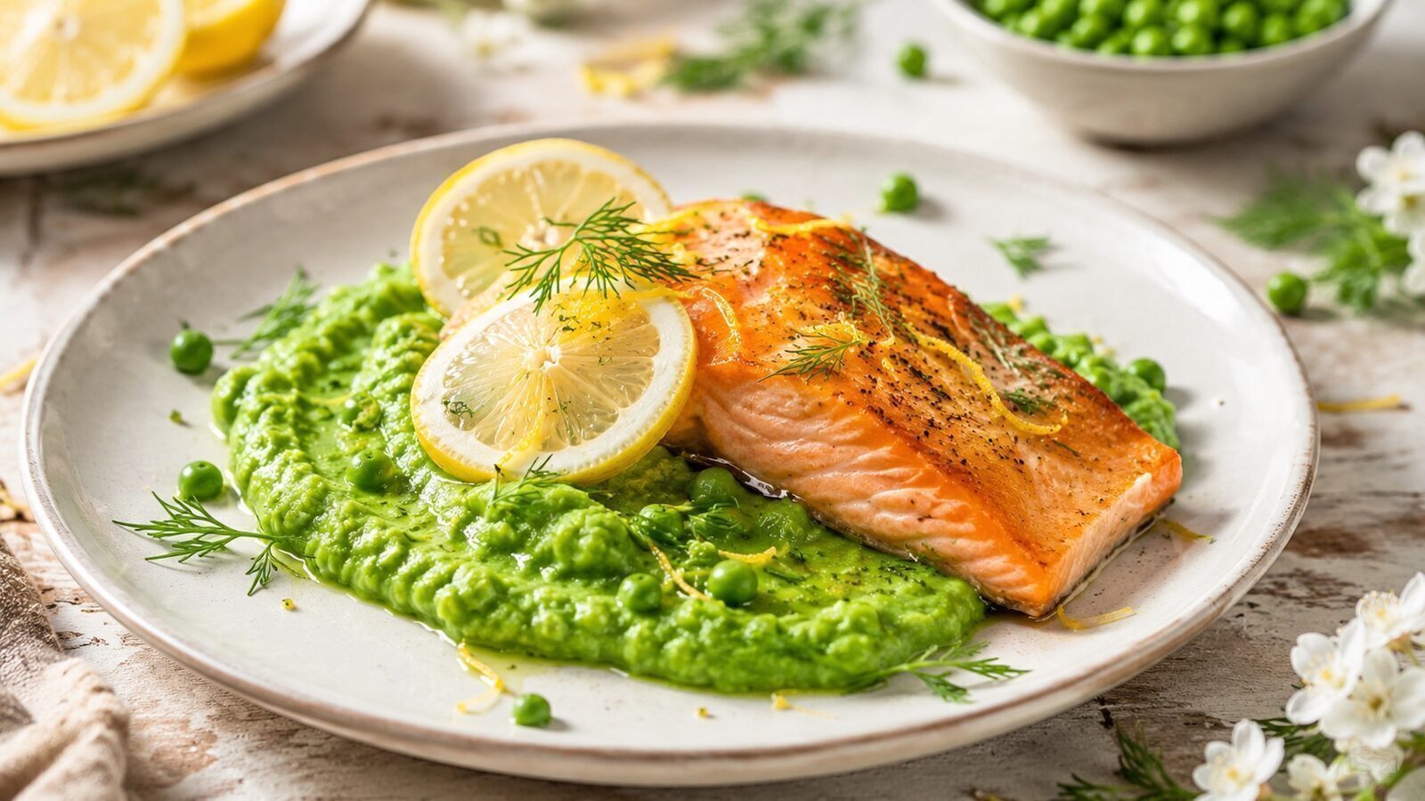 Zitronen-Lachs mit grünem Erbsenpüree, Dill und Zitronenscheiben