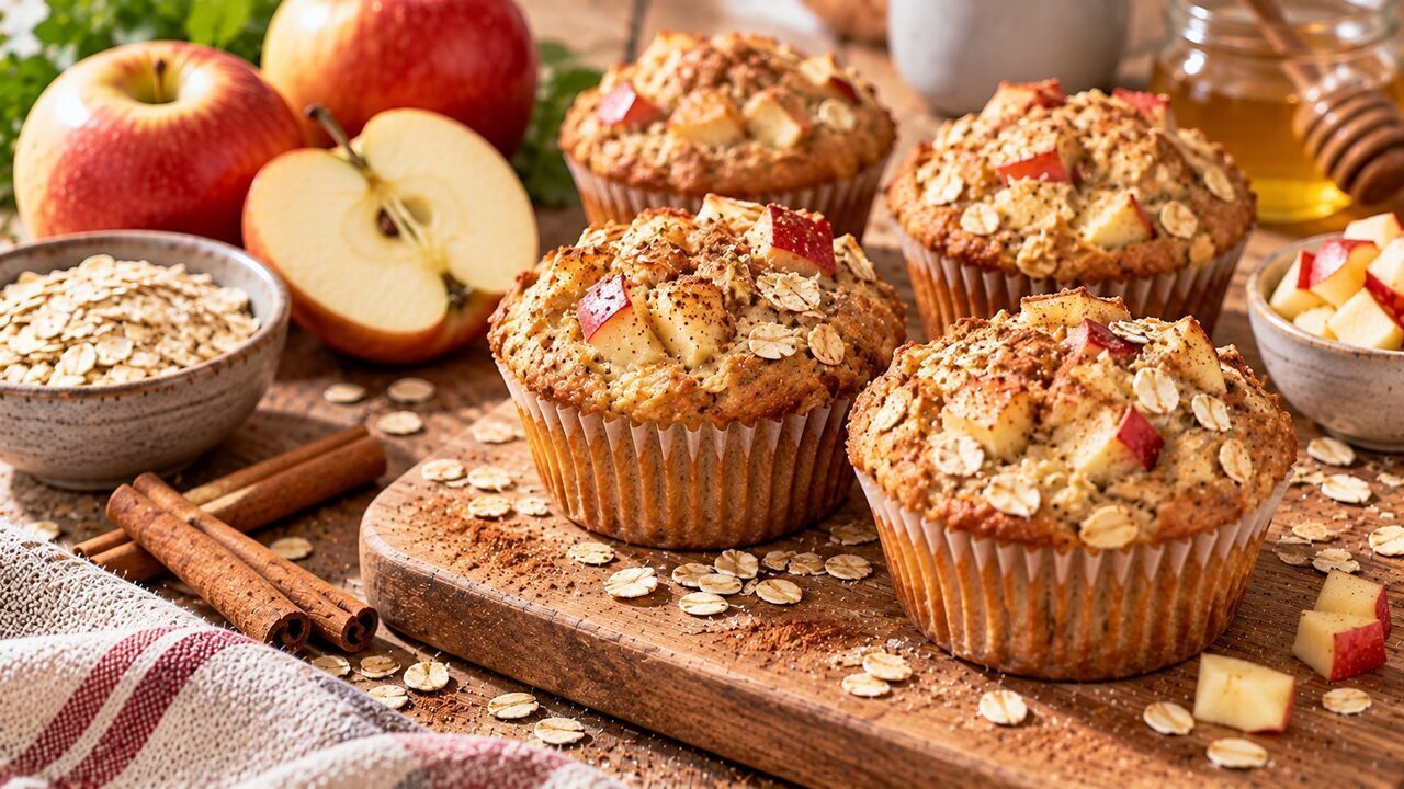Goldbraune Apfel-Hafer-Frühstücksmuffins mit sichtbaren Haferflocken, Walnüssen und Apfelstücken