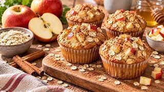 Goldbraune Apfel-Hafer-Frühstücksmuffins mit sichtbaren Haferflocken, Walnüssen und Apfelstücken
