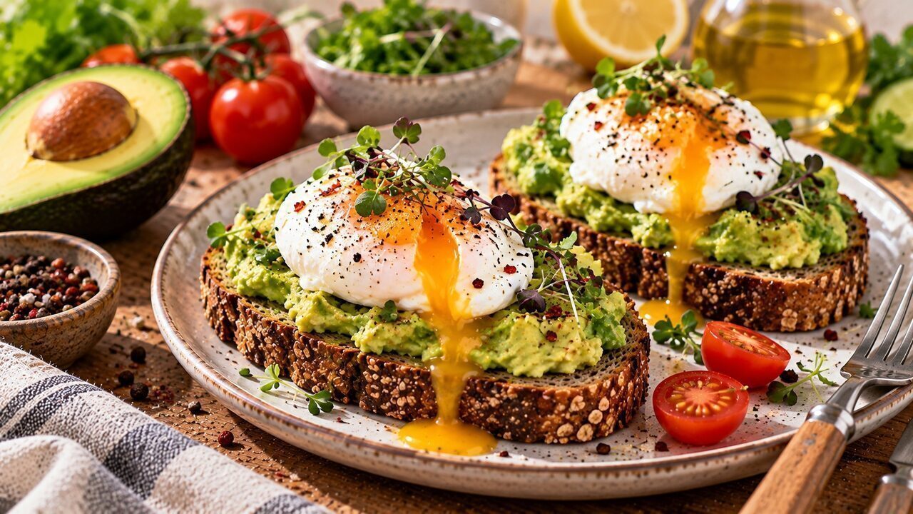 Avocado-Toast auf Sauerteigbrot mit pochiertem Ei, Chiliflocken und Kresse