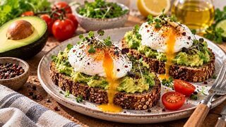 Avocado-Toast auf Sauerteigbrot mit pochiertem Ei, Chiliflocken und Kresse