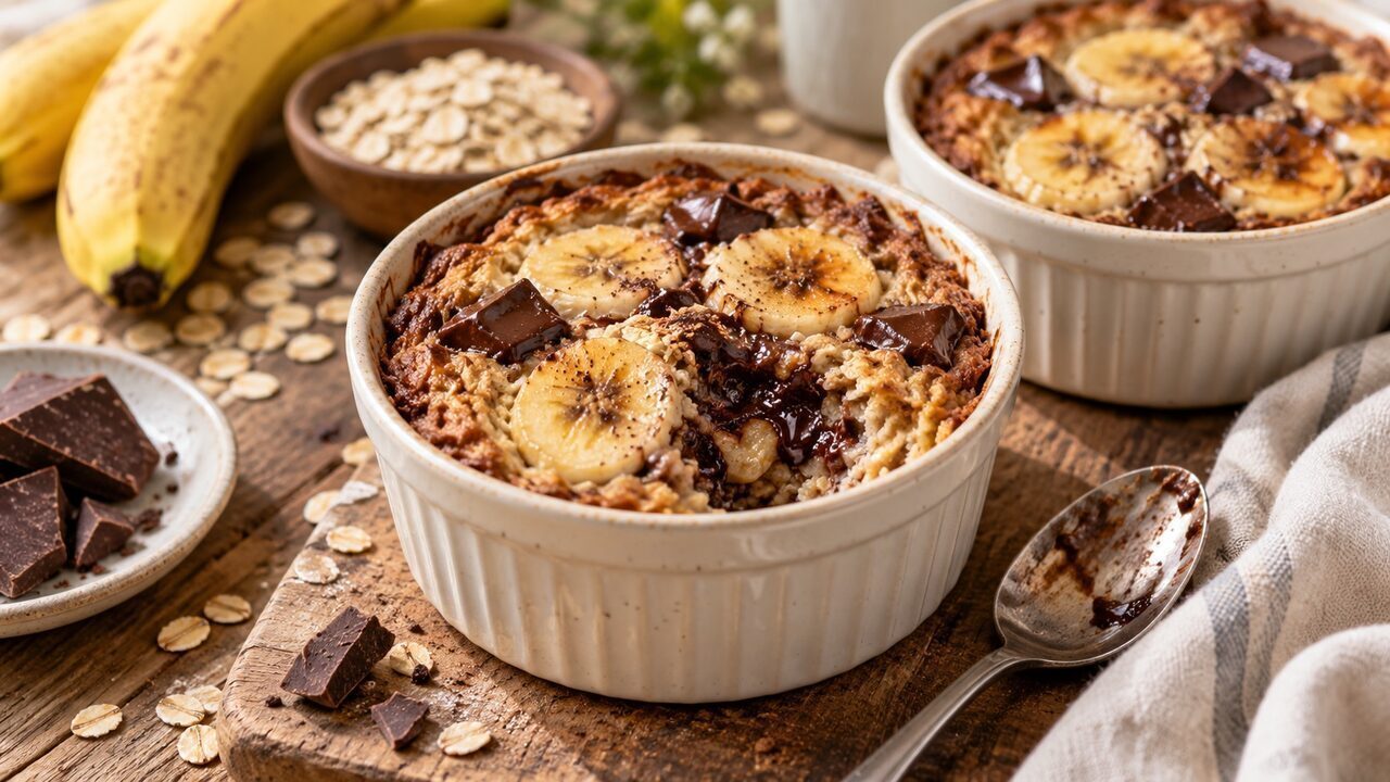 Warme Baked Oats mit Banane, geschmolzener dunkler Schokolade und gehackten Haselnüssen in einer Form