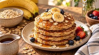 Kleine Bananen-Hafer-Pancakes mit Bananenscheiben, Joghurt und gehackten Mandeln auf einem Teller