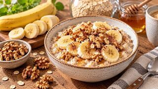 Cremiges Bananen-Porridge mit Bananenscheiben, gerösteten Walnüssen und Zimt in einer Schale
