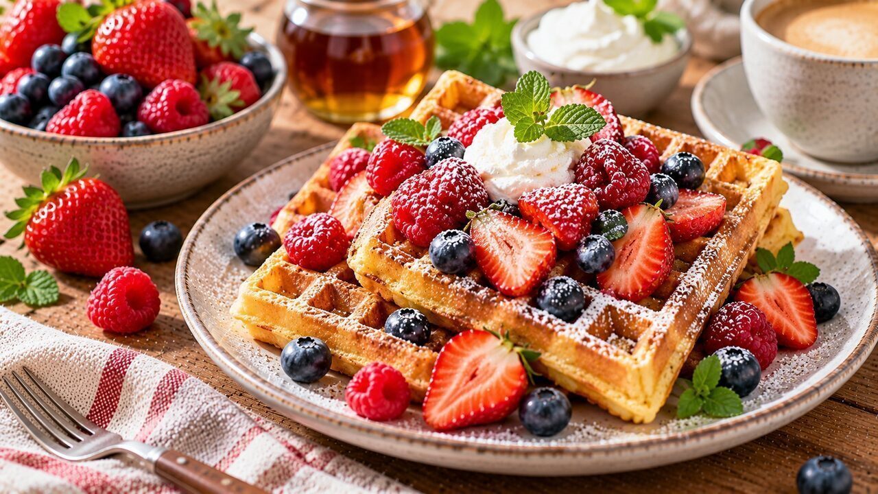 Dicke belgische Waffeln mit Erdbeeren, Heidelbeeren und einem Löffel Naturjoghurt