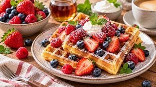 Dicke belgische Waffeln mit Erdbeeren, Heidelbeeren und einem Löffel Naturjoghurt