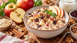Bircher Müsli mit geriebenem Apfel, Haselnüssen und Joghurt in einer hellen Frühstücksschale