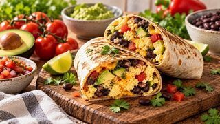 Aufgeschnittener Frühstücks-Burrito mit Rührei, schwarzen Bohnen, Paprika, Käse und Avocado