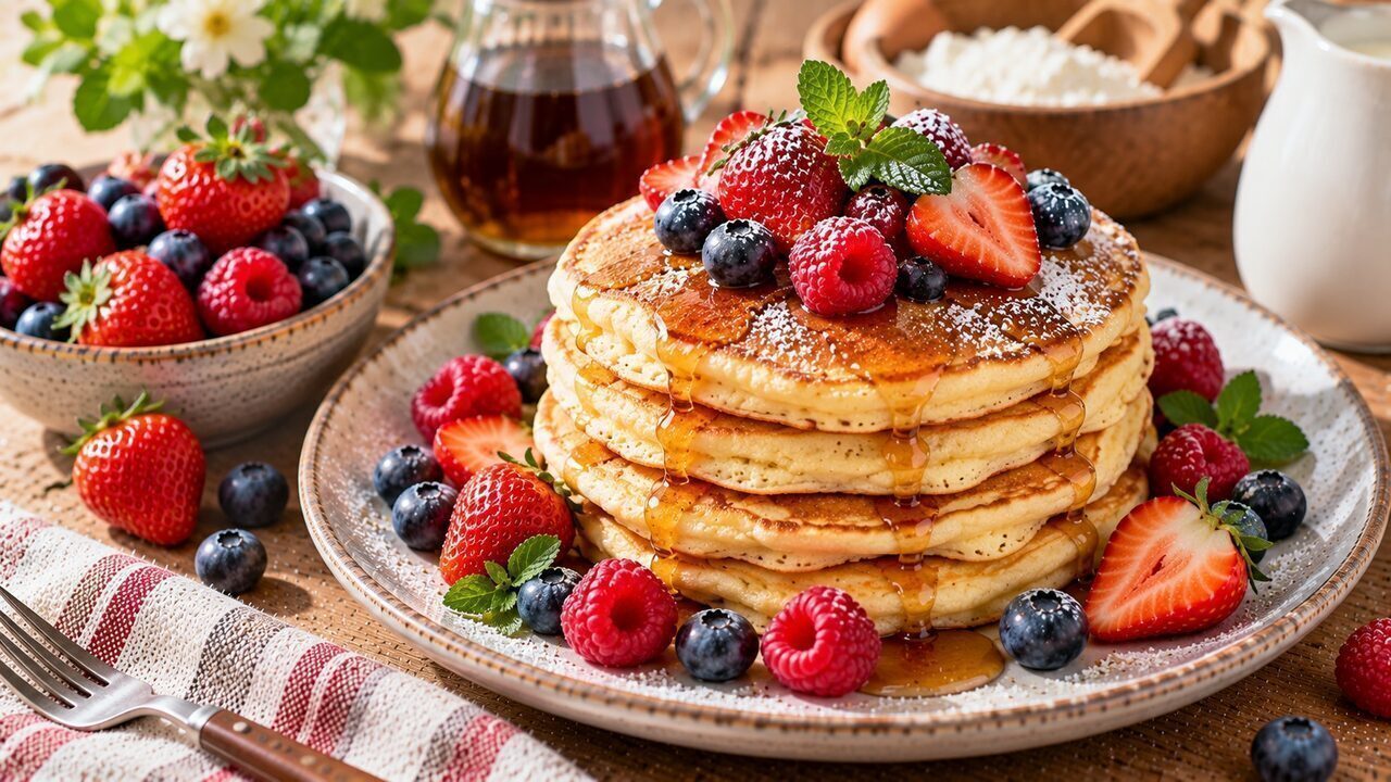Stapel lockerer Buttermilch-Pancakes mit Beeren und einem kleinen Stück Butter