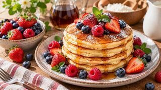 Stapel lockerer Buttermilch-Pancakes mit Beeren und einem kleinen Stück Butter