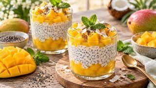 Chia-Pudding mit leuchtendem Mangopüree, Mangowürfeln, Limette und gerösteten Kokoschips im Glas