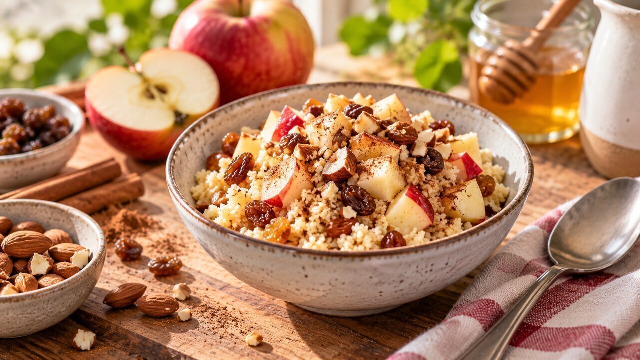 Frühstücks-Couscous mit geriebenem Apfel, Datteln, gerösteten Mandeln und Joghurt in einer Schale
