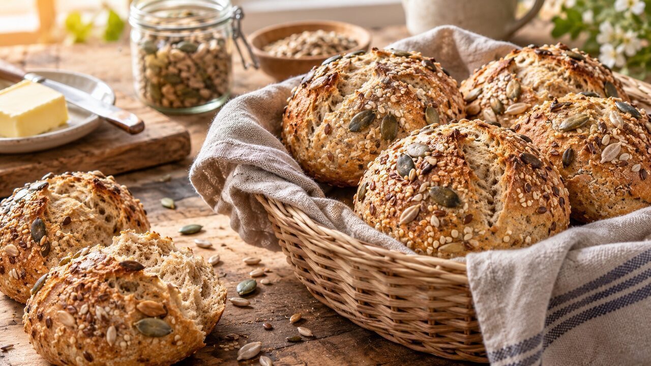 Rustikale Dinkelbrötchen mit Sesam, Kürbis- und Sonnenblumenkernen in einem Brotkorb