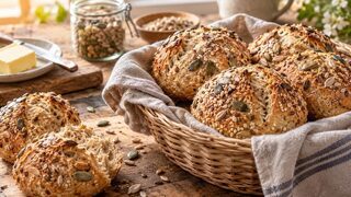 Rustikale Dinkelbrötchen mit Sesam, Kürbis- und Sonnenblumenkernen in einem Brotkorb