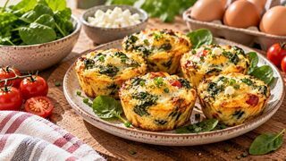 Herzhafte Eiermuffins mit Spinat, roter Paprika, Feta und Schnittlauch auf einem Frühstücksteller