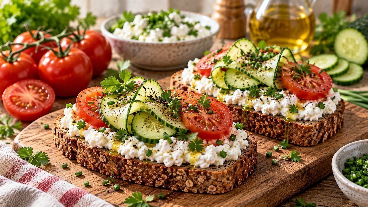 Geröstetes Vollkornbrot mit Hüttenkäse, Tomatenscheiben, Gurkenbändern und frischen Kräutern