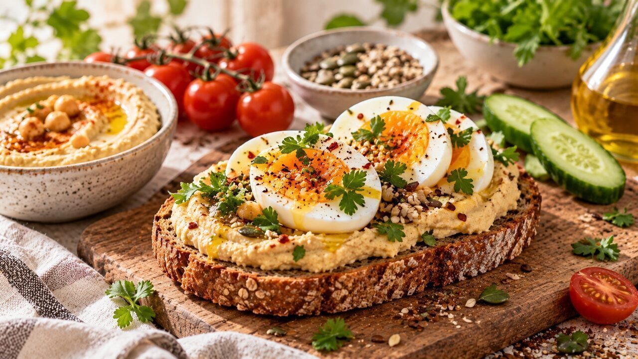 Geröstetes Brot mit cremigem Hummus, halbiertem wachsweichem Ei, Gurke und schwarzem Sesam
