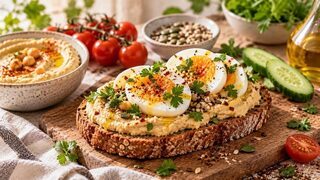 Geröstetes Brot mit cremigem Hummus, halbiertem wachsweichem Ei, Gurke und schwarzem Sesam