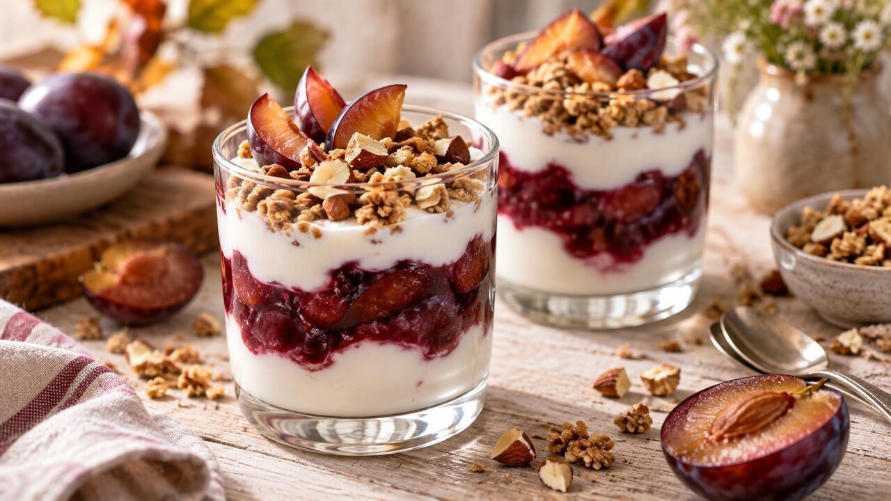 Joghurt im Glas mit violettem Pflaumenkompott und geröstetem Hafer-Mandel-Crunch