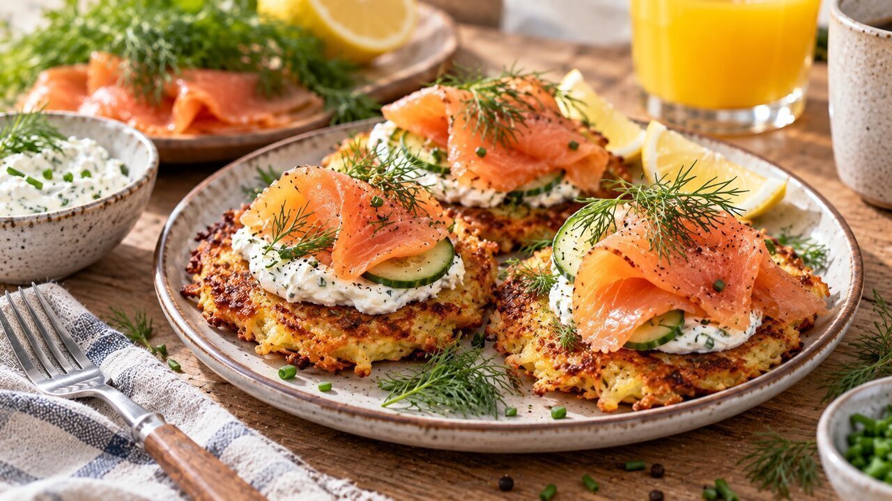 Knusprige Kartoffelrösti mit Kräuterquark, Räucherlachs, Gurkenscheiben und Dill