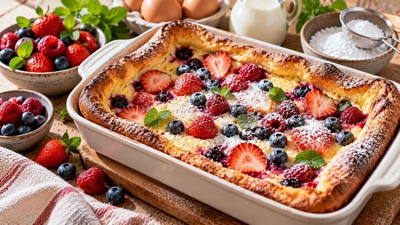 Aufgegangener Ofenpfannkuchen mit Heidelbeeren, Himbeeren, Zitronenjoghurt und Puderzucker