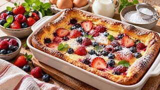 Aufgegangener Ofenpfannkuchen mit Heidelbeeren, Himbeeren, Zitronenjoghurt und Puderzucker