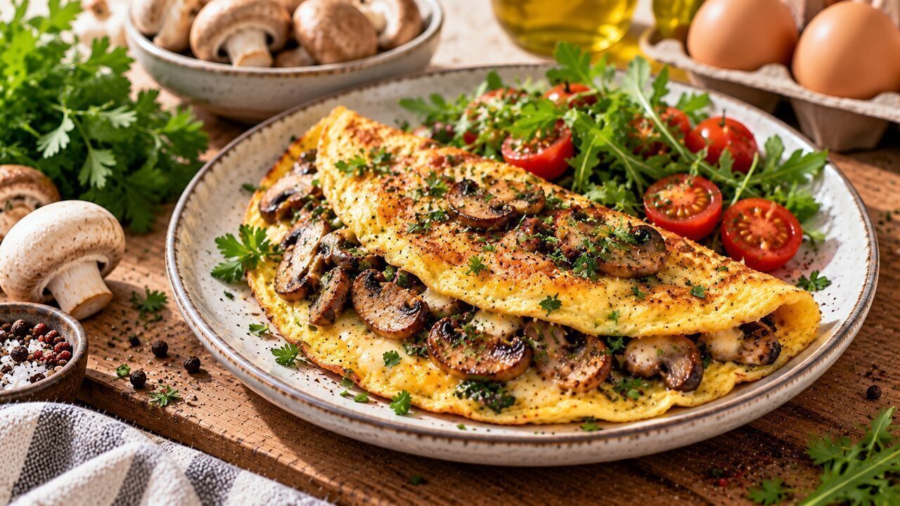 Gefaltetes Omelett mit gebratenen Champignons, geschmolzenem Käse und frischer Petersilie
