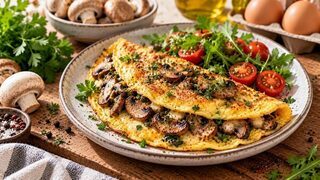 Gefaltetes Omelett mit gebratenen Champignons, geschmolzenem Käse und frischer Petersilie