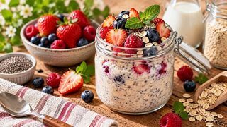 Overnight Oats mit gemischten Beeren, Joghurt und gehobelten Mandeln in zwei Frühstücksgläsern