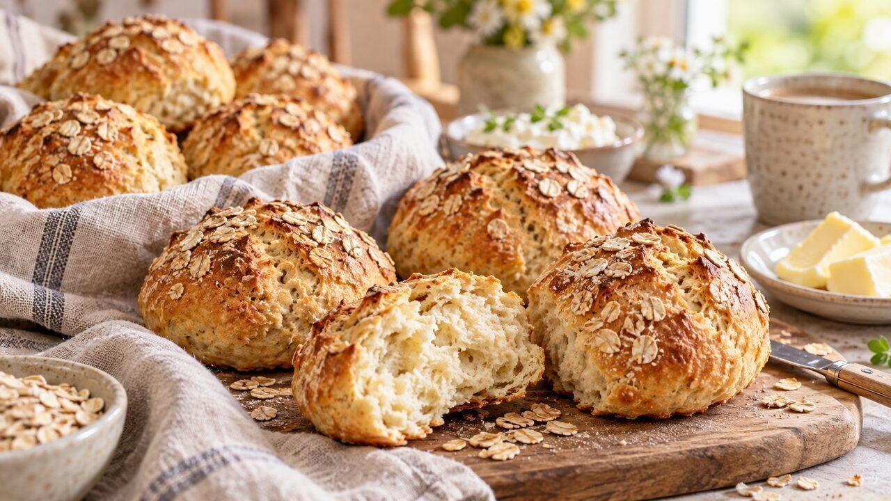 Goldbraune Quarkbrötchen ohne Hefe mit Haferflocken auf einem hellen Frühstückstisch