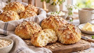Goldbraune Quarkbrötchen ohne Hefe mit Haferflocken auf einem hellen Frühstückstisch