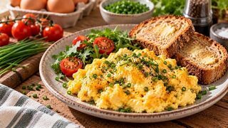 Cremiges Rührei mit Schnittlauchröllchen auf geröstetem Bauernbrot und schwarzem Pfeffer