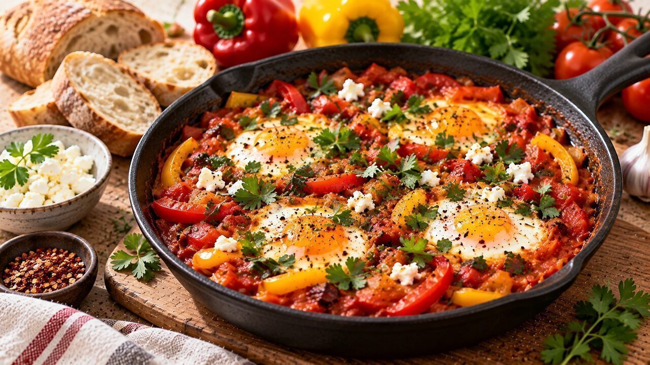 Shakshuka mit vier Eiern in würziger Tomaten-Paprika-Sauce, Petersilie und zerbröseltem Feta