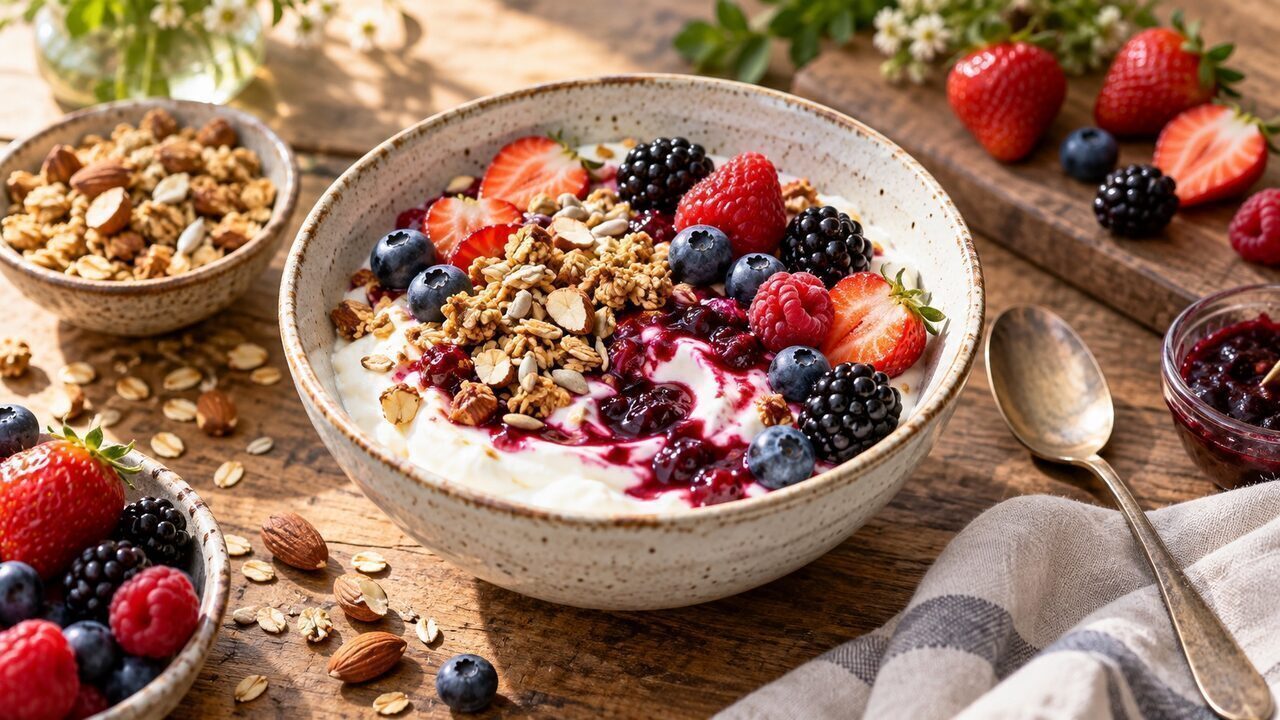 Skyr-Bowl mit Heidelbeeren, Himbeeren, knusprigem Hafer-Nuss-Granola und Beerenmus