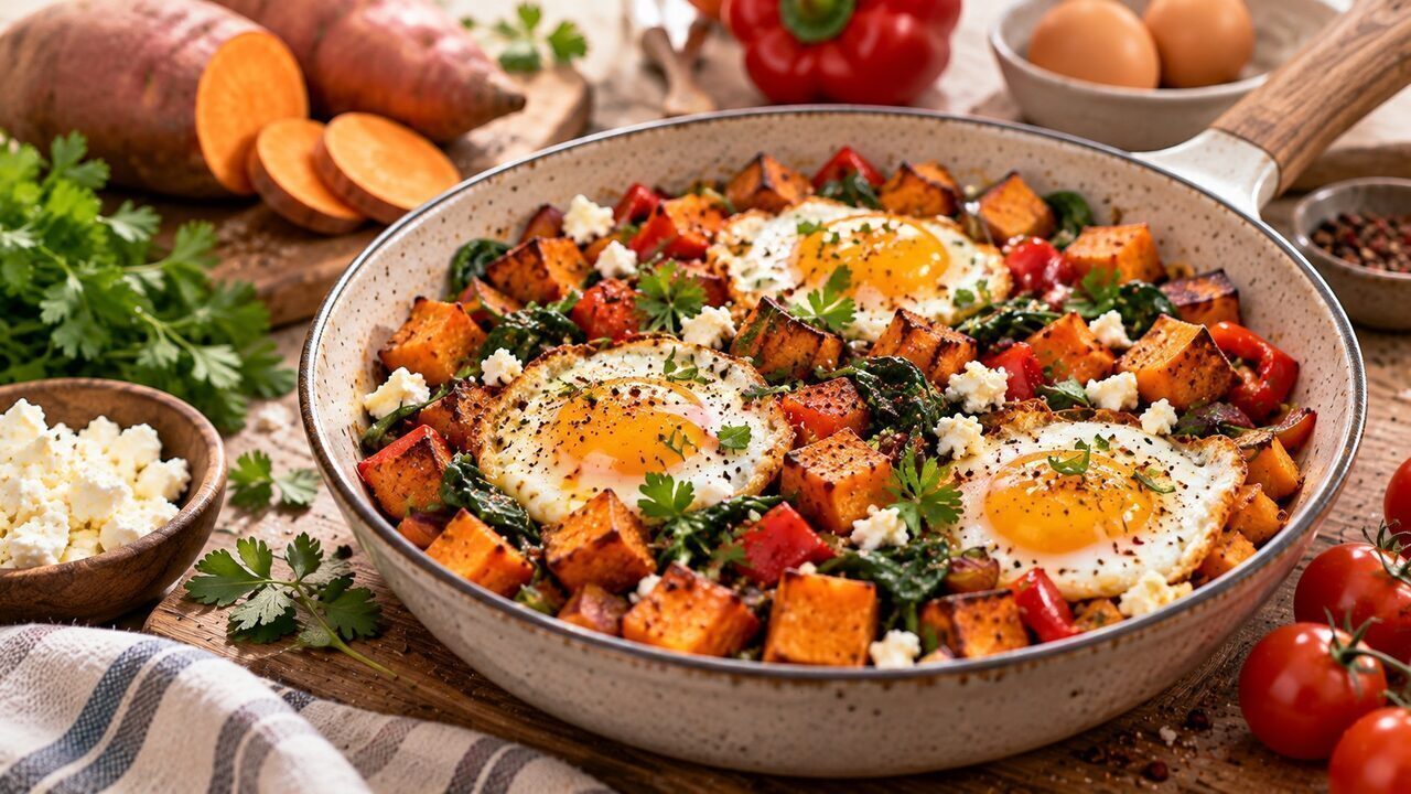 Süßkartoffel-Frühstückspfanne mit Spiegelei, schwarzen Bohnen, Paprika und Frühlingszwiebeln