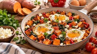 Süßkartoffel-Frühstückspfanne mit Spiegelei, schwarzen Bohnen, Paprika und Frühlingszwiebeln