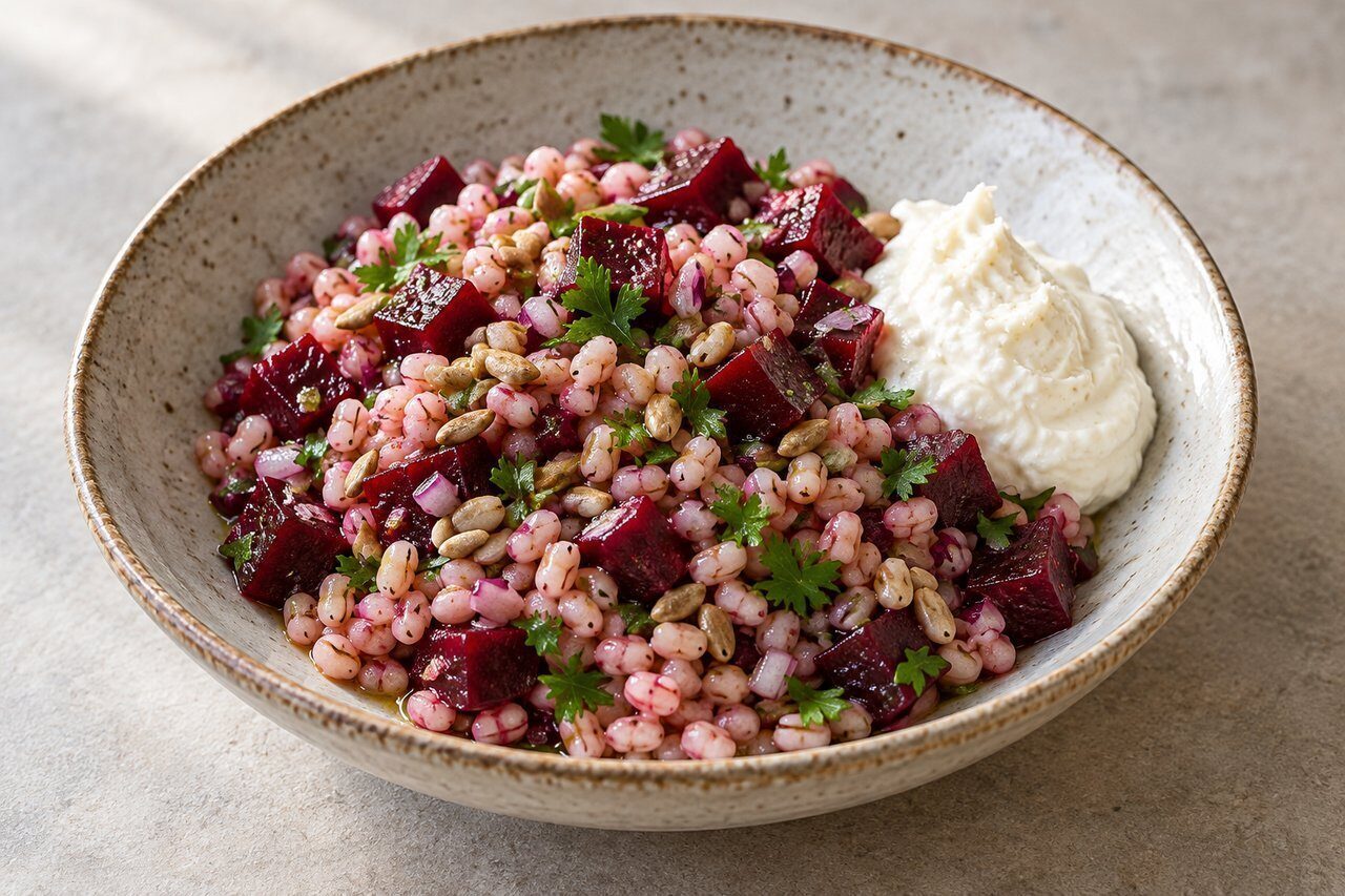 Graupensalat mit Rote-Bete-Würfeln, Petersilie, Sonnenblumenkernen und weißem Meerrettichquark