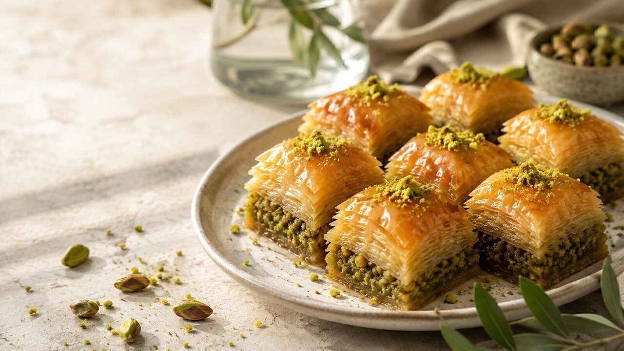 Baklava mit Filoteig, Nüssen, Zimt und Honigsirup