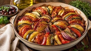 Griechisches Briam mit gerösteten Kartoffeln, Zucchini, Auberginen, Tomaten und Kräutern