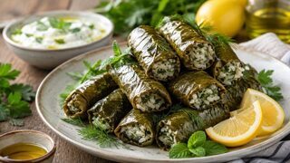 Dolmadakia yalantzi mit Reis und Kräutern gefüllte Weinblätter neben Zitronenspalten