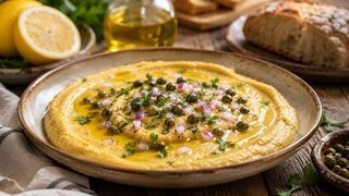 Cremige Fava Santorinis mit Olivenöl, Kapern, roten Zwiebeln und Petersilie