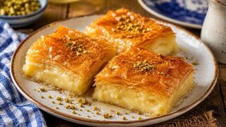 Goldbraunes Galaktoboureko mit knusprigem Filoteig, cremiger Grießfüllung und Zitronensirup