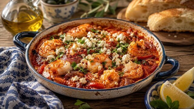 Garides Saganaki mit Garnelen, Tomatensauce, zerbröseltem Feta und frischer Petersilie