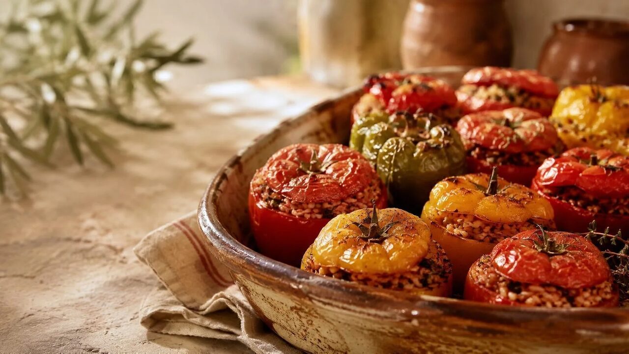 Gemista mit gefüllten Tomaten, Paprika, Reis, Kräutern und Ofenkartoffeln