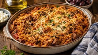 Giouvetsi mit zartem Rindfleisch, Kritharaki, Tomatensauce und geriebenem Kefalotyri