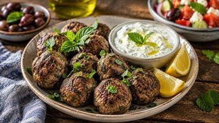 Goldbraun gebratene griechische Keftedakia mit Minze, Petersilie und Zitronenspalten
