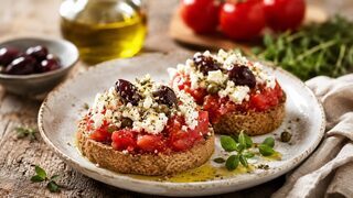 Kretischer Dakos mit geriebener Tomate, weißem Käse, Oliven, Kapern und Oregano auf Gerstenzwieback