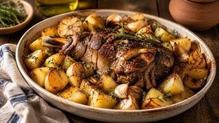 Geöffnetes Kleftiko-Paket mit zartem Lammfleisch, goldenen Kartoffeln, Zitrone und Kräutern